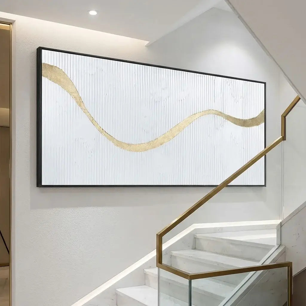 Abstract wall art with wavy lines in a modern interior setting