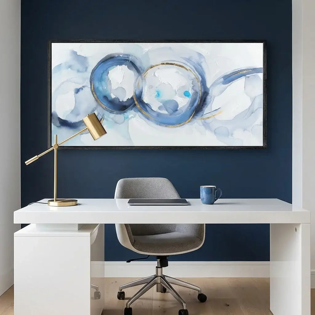 Modern office setup with a desk, chair, lamp, and abstract art on a blue wall.