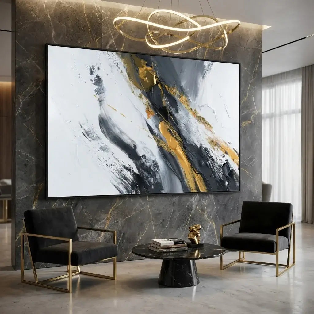 Modern living room with abstract painting, black chairs, and marble wall.