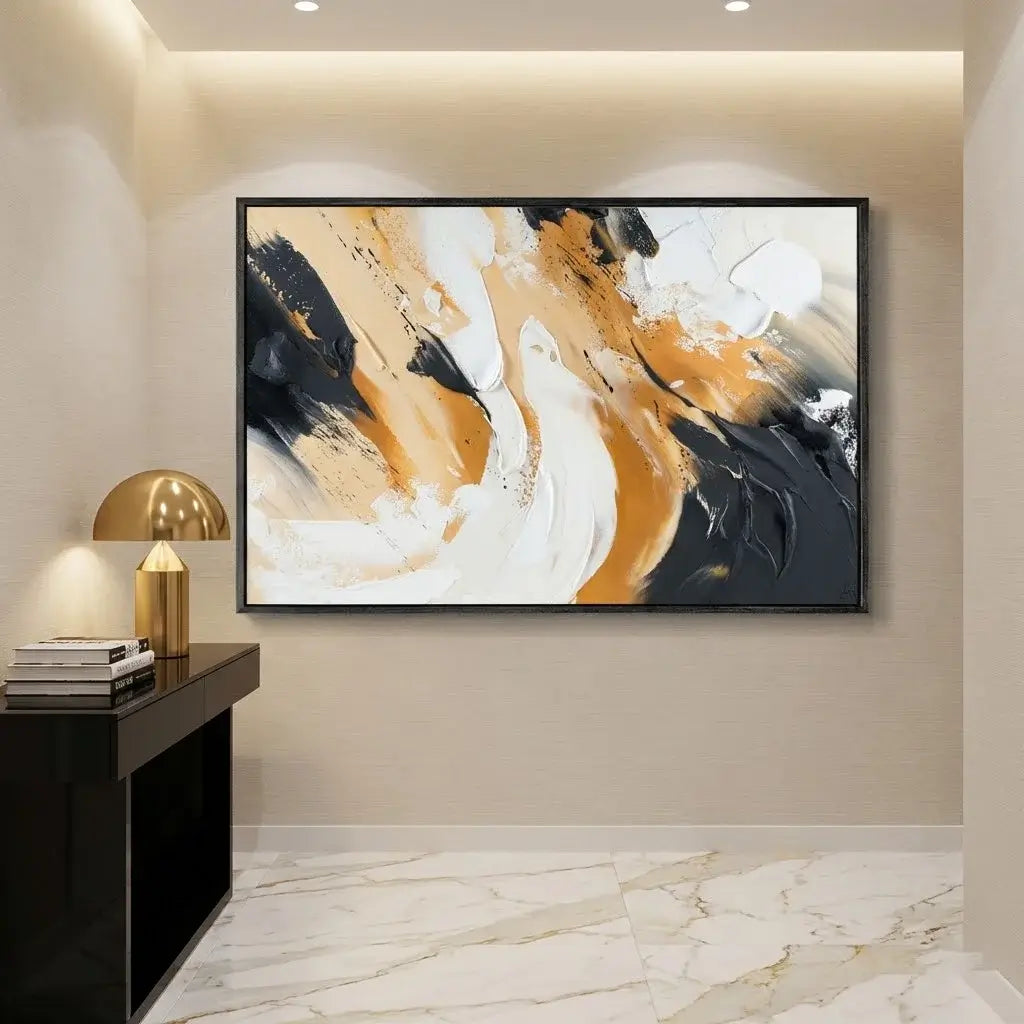 Abstract painting on a wall in a modern interior setting with a lamp and desk.