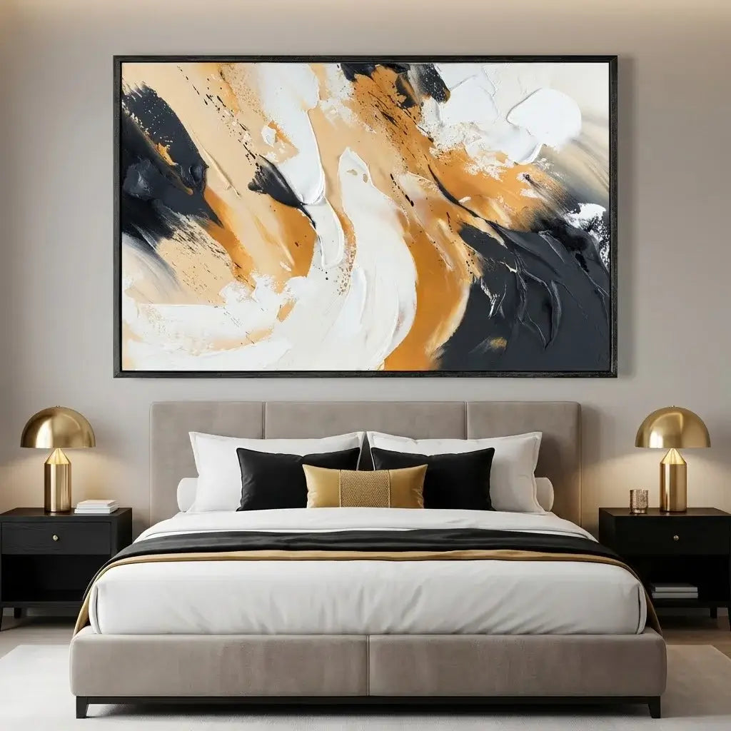 Modern bedroom with a bed, abstract painting on the wall, and two nightstands with lamps.