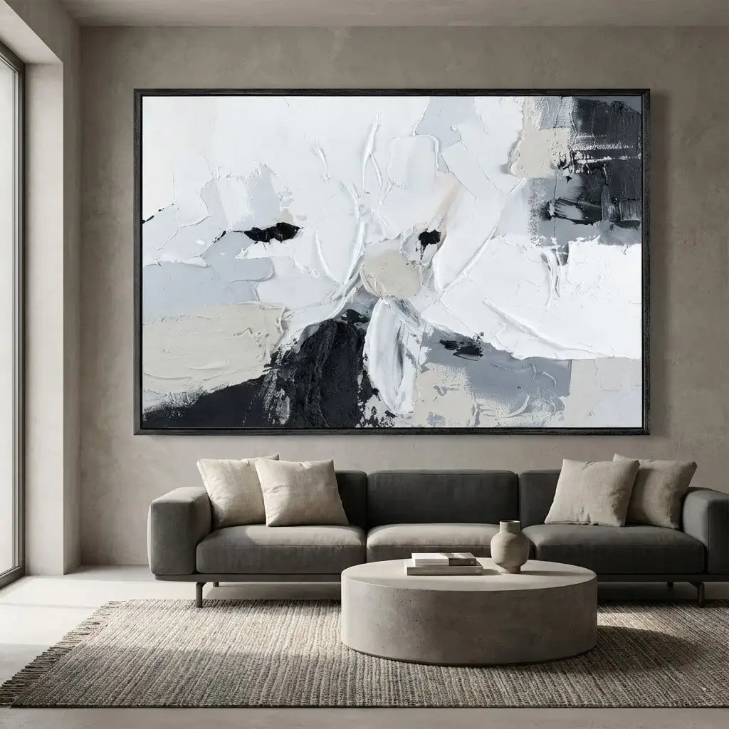 Modern living room with a gray sofa, round coffee table, and abstract art on the wall.