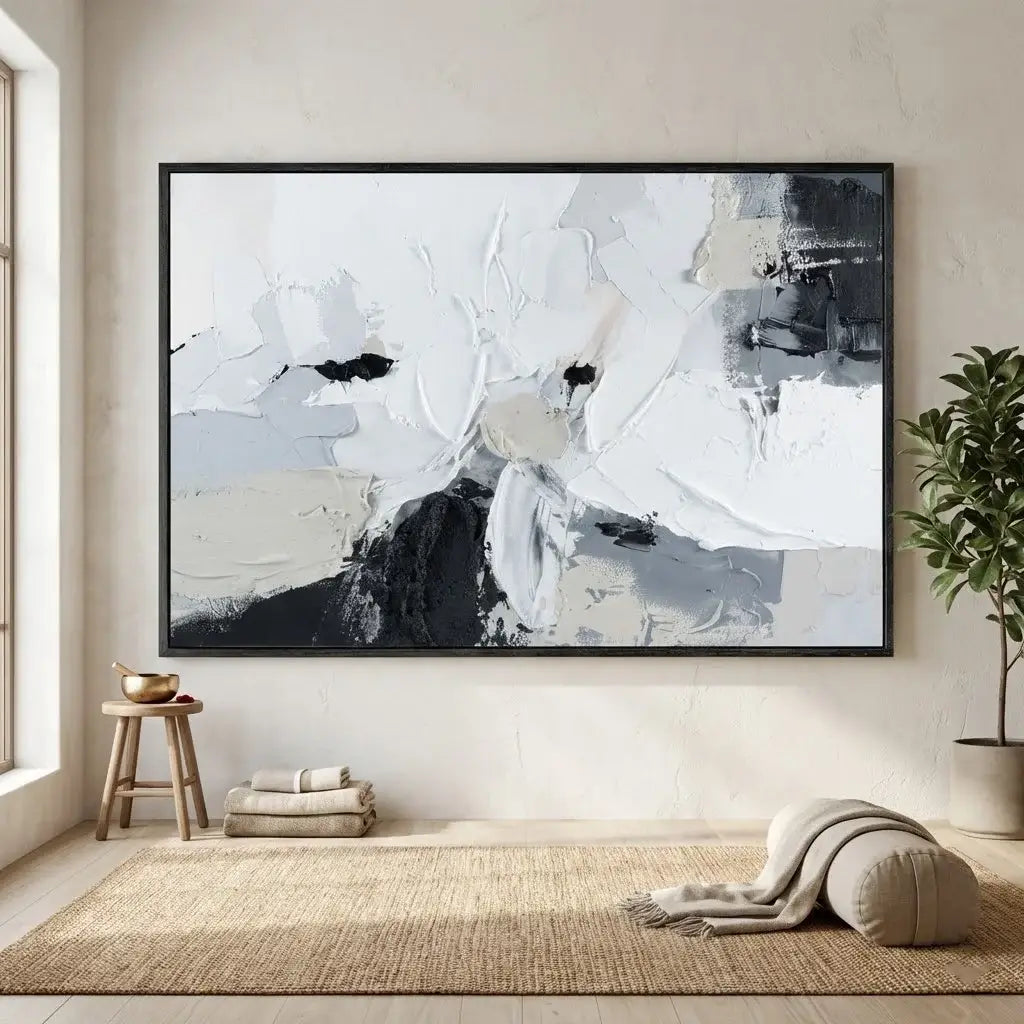 Abstract art piece in a modern living room setting with a plant and stool.