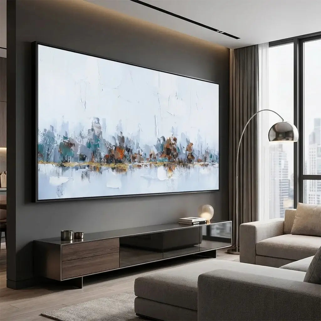 Modern living room with a large flat-screen TV displaying an abstract cityscape.