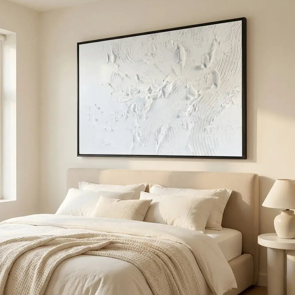 Beige bedroom with a large abstract painting on the wall