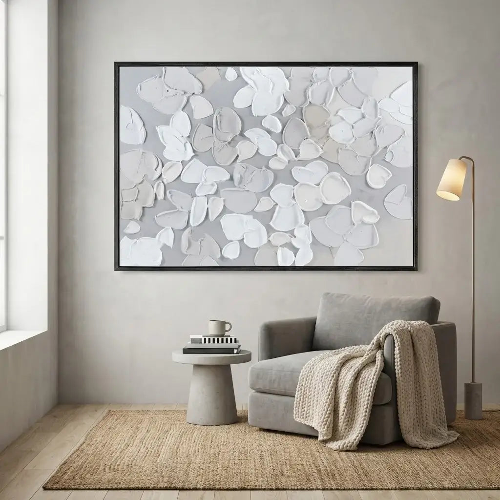 Living room with a gray armchair, small table, and abstract art on the wall.