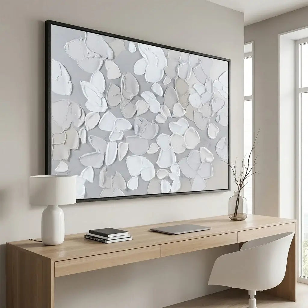 Modern home office with a large abstract art piece on the wall above a wooden desk.