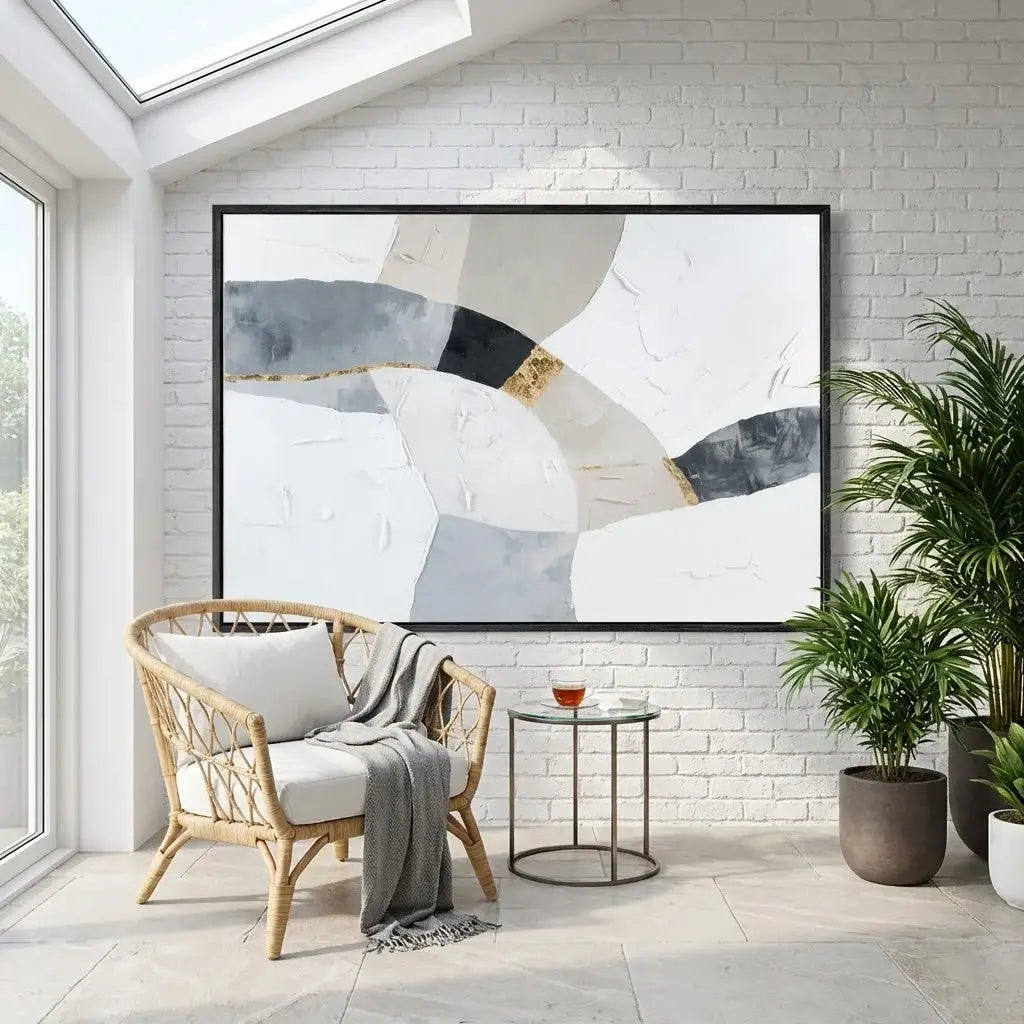 Modern interior with abstract art, wicker chair, and plants against a white brick wall.