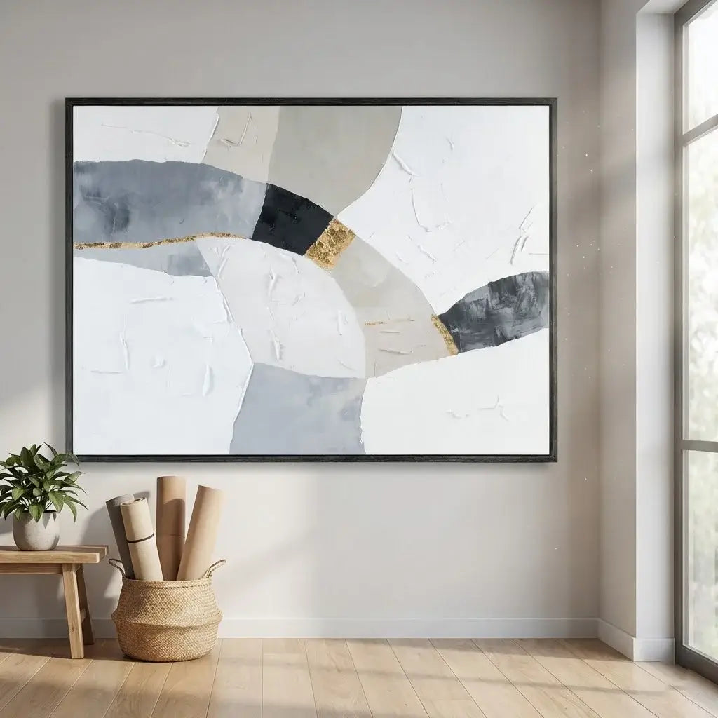 Abstract art piece on a wall in a room with a window and small table.