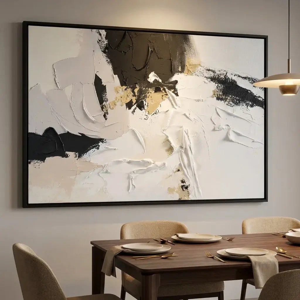 Dining room with a modern abstract painting on the wall