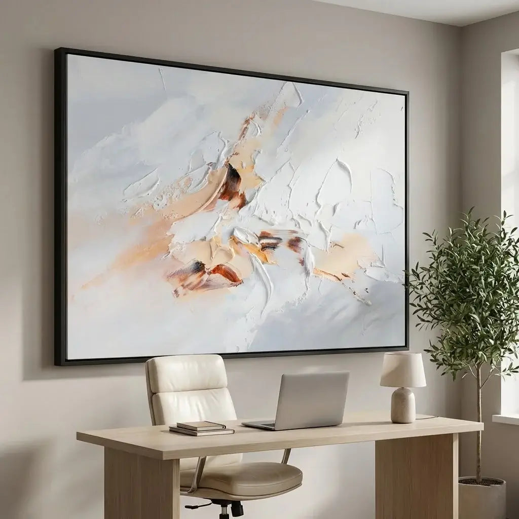 Modern office with a large abstract painting on the wall, a desk with a laptop, and a chair.