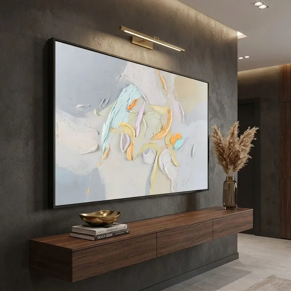 Modern living room with abstract painting on wall, wooden console table, and decorative elements.