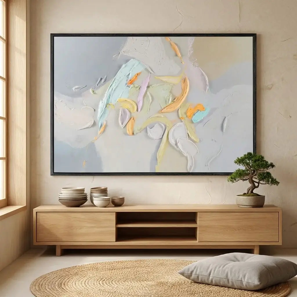 Abstract painting on a wall above a wooden console table with decorative items.