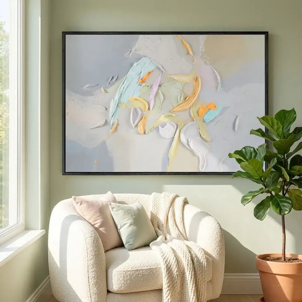 Abstract painting on a wall above a cozy armchair with pillows and a blanket, next to a potted plant.