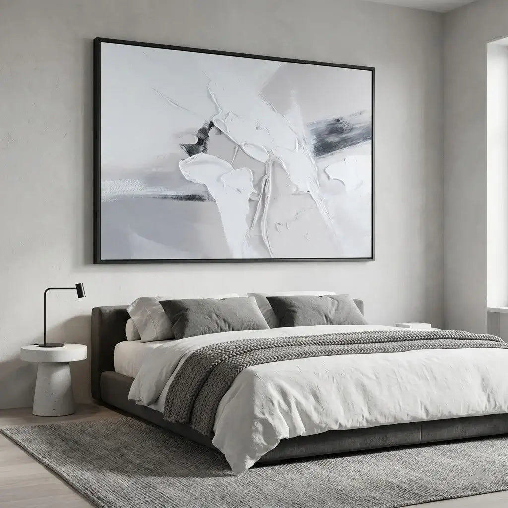 Modern bedroom with abstract art on the wall