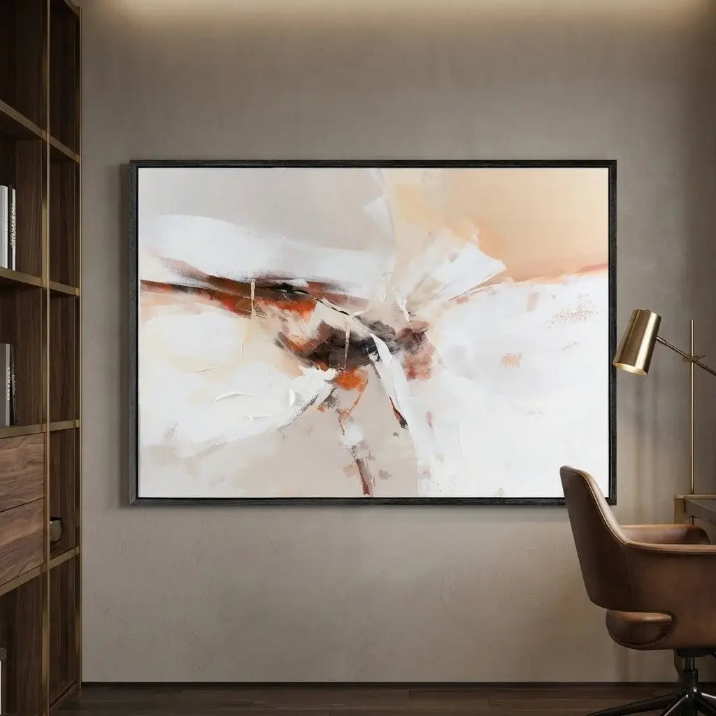 Abstract painting in a modern interior setting with a chair and bookshelf.