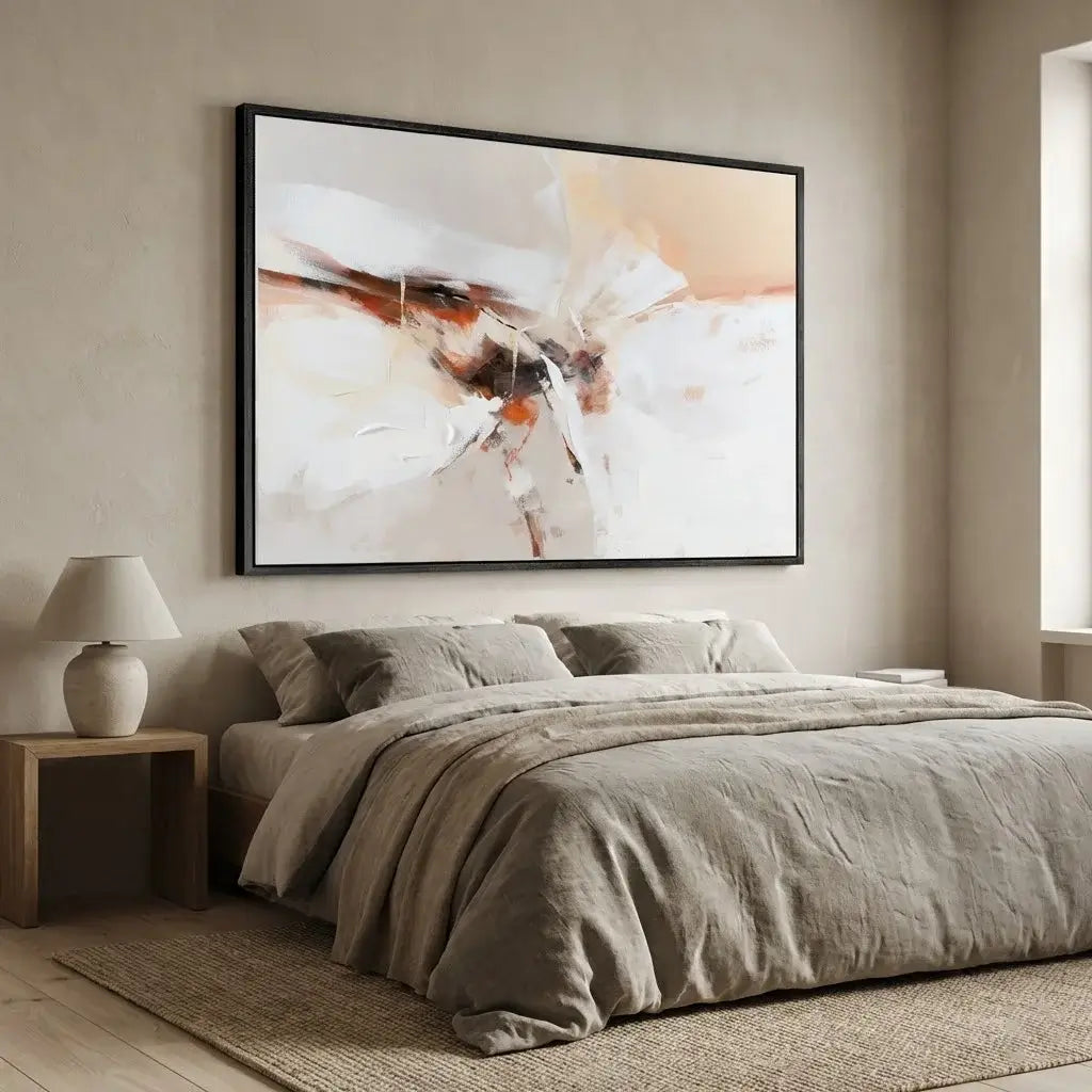 Modern bedroom with abstract art on the wall