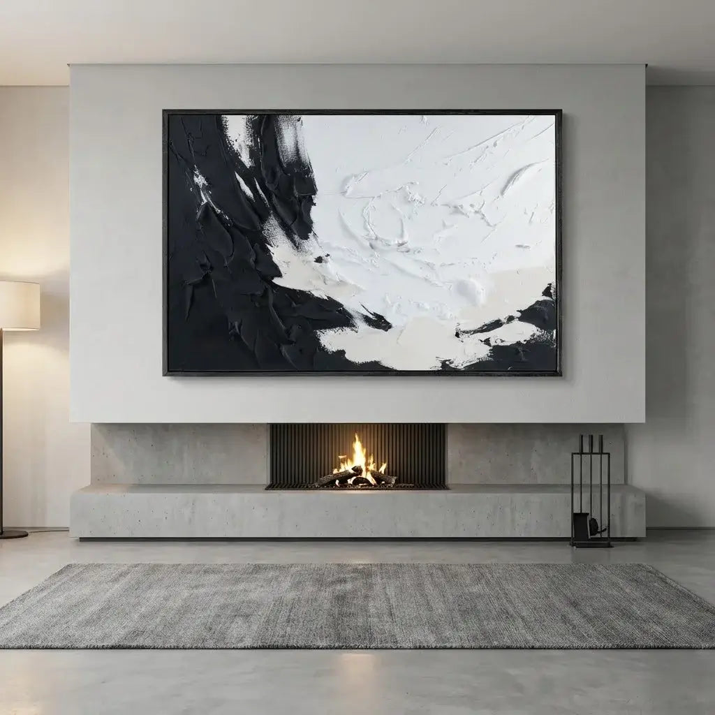Modern living room with abstract art above a fireplace