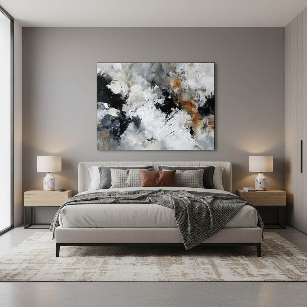 Modern bedroom with a bed, nightstands, and abstract art on the wall.