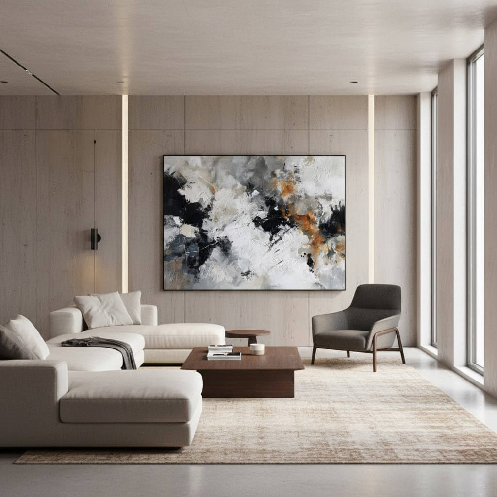 Modern living room with a large abstract painting on the wall.
