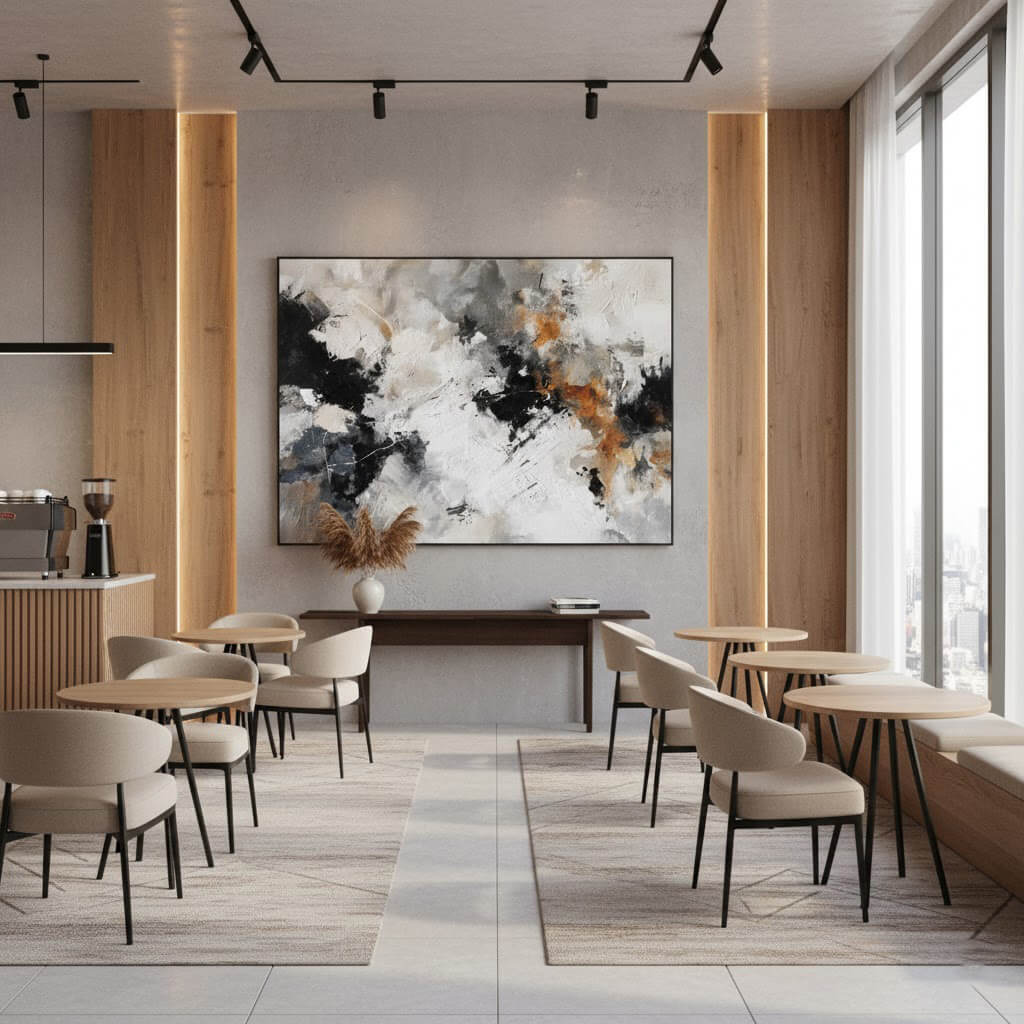Modern dining area with abstract art on the wall