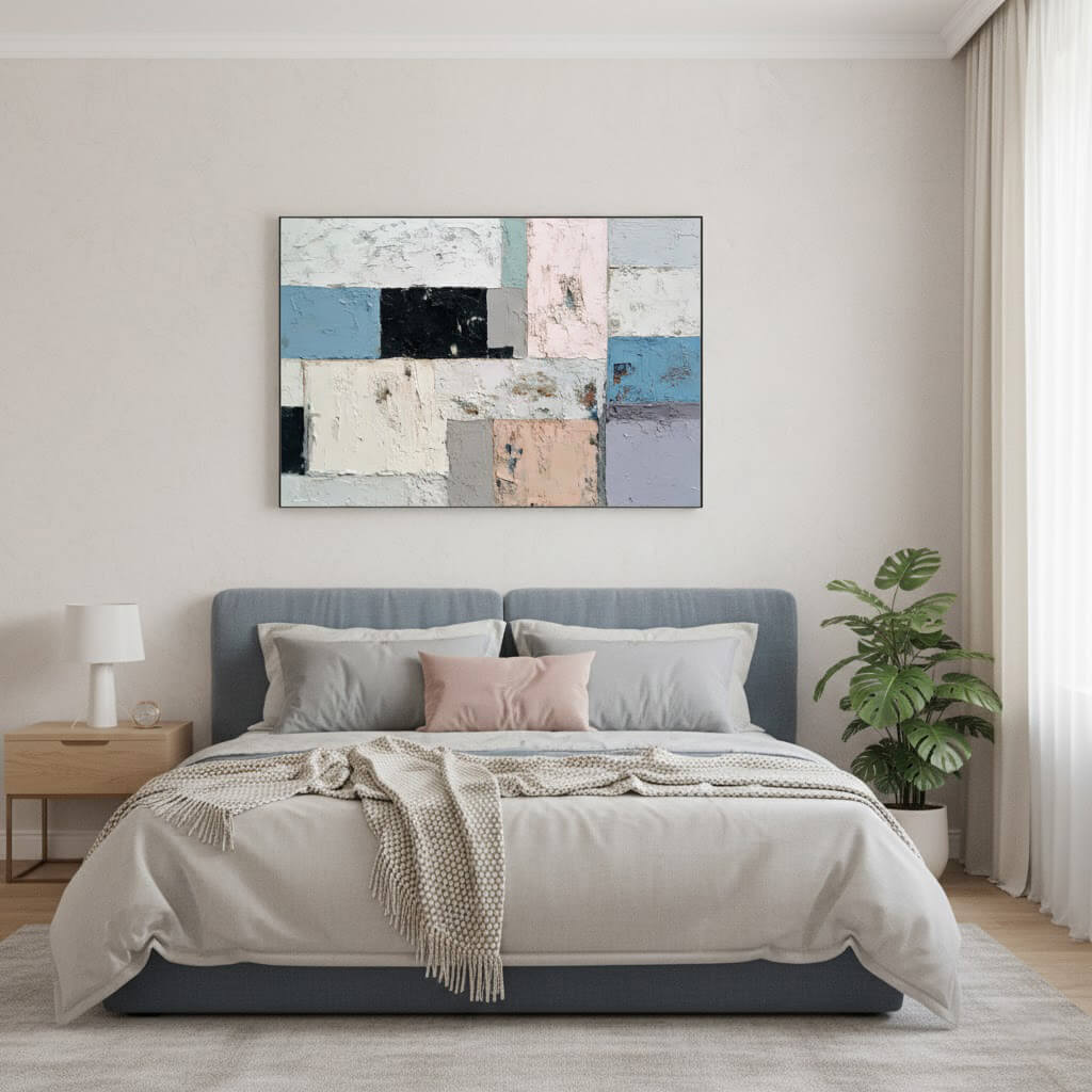 Modern bedroom with a bed, abstract painting, and plant