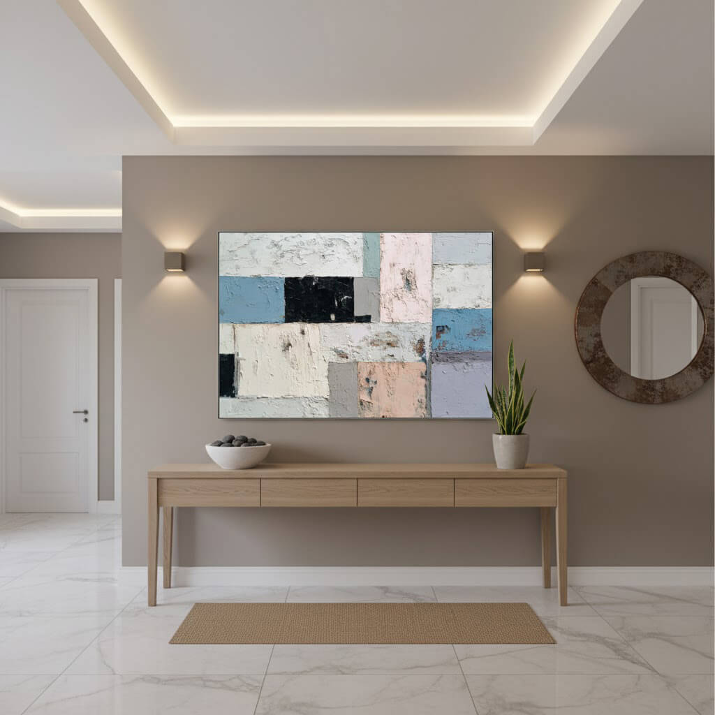 Modern interior design with a abstract painting, console table, and mirror.