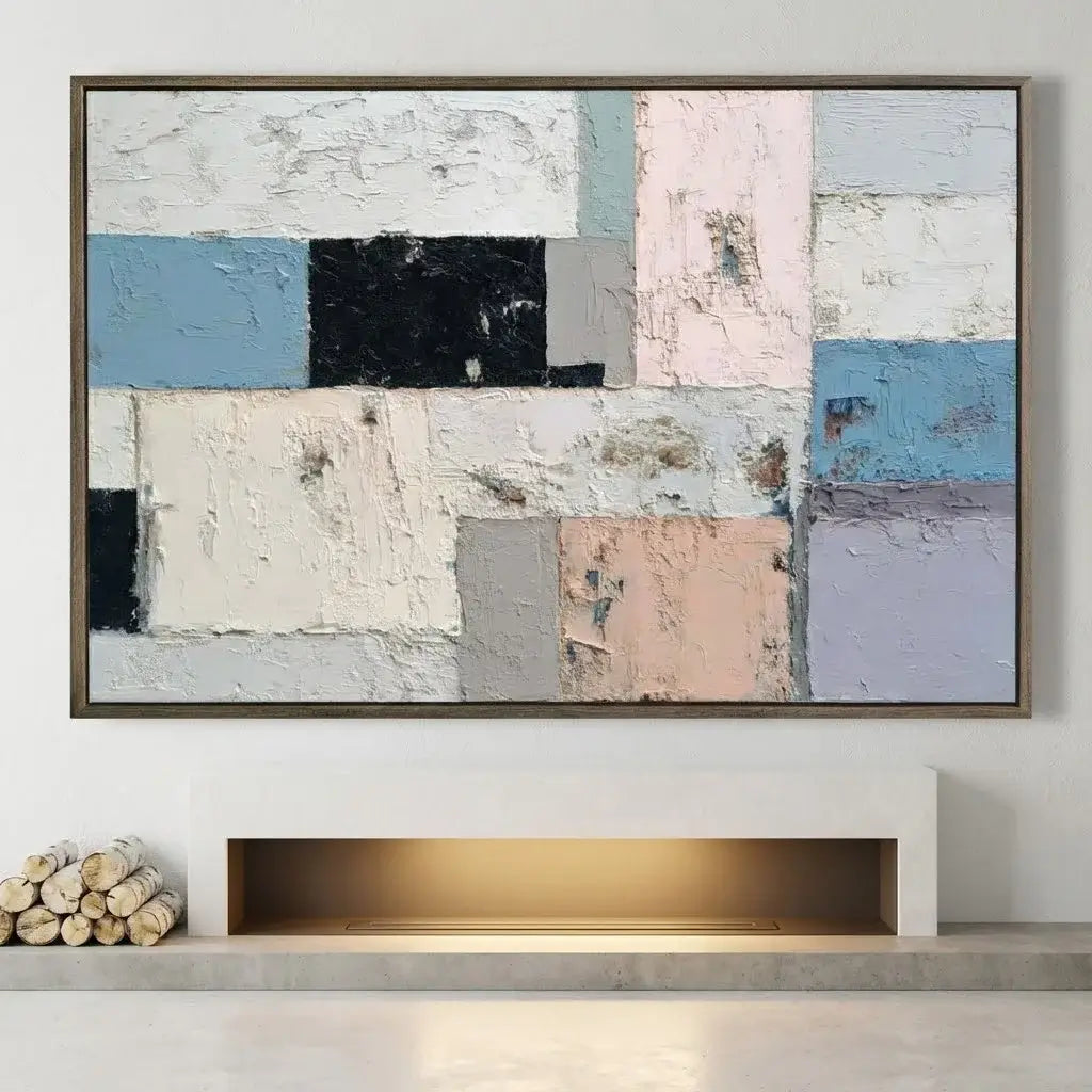 Abstract art piece with geometric shapes in a neutral setting
