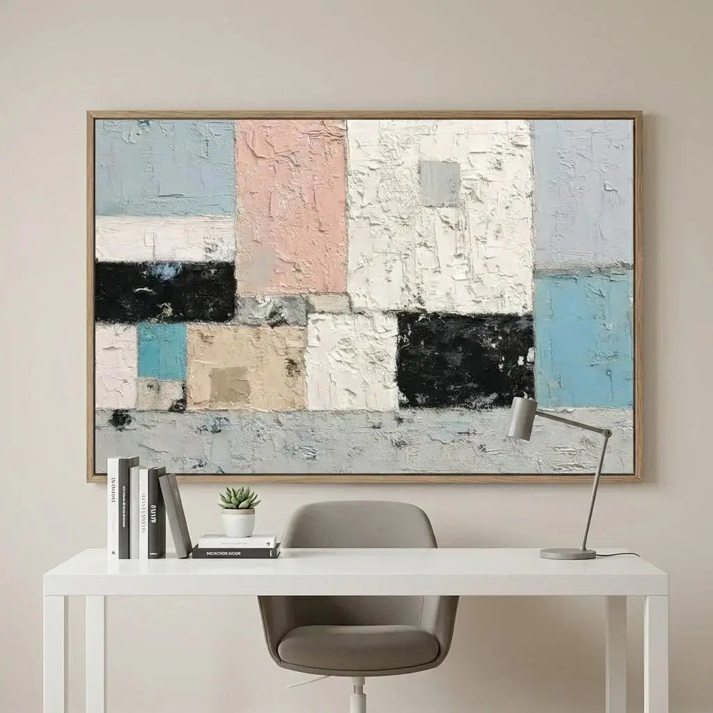 Abstract art piece on a wall above a desk with a chair and lamp.