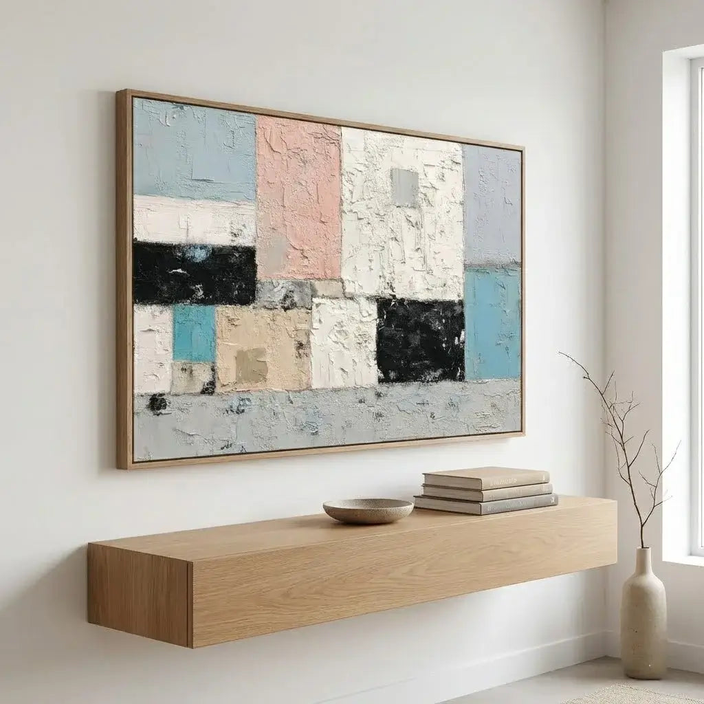 Abstract art piece on a wall above a wooden console table.