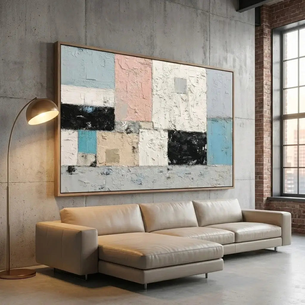 Modern living room with a beige sectional sofa, abstract painting, and floor lamp.
