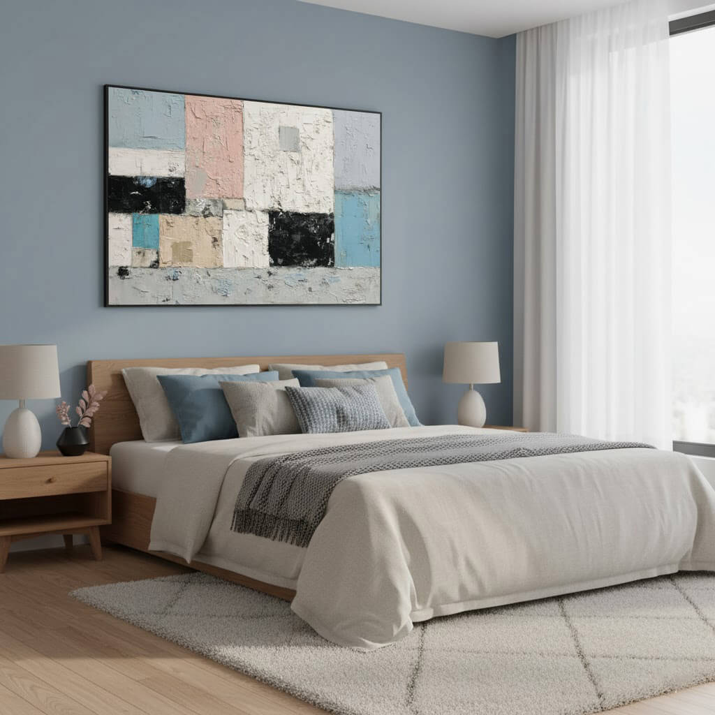 Modern bedroom with a bed, nightstands, and abstract wall art.