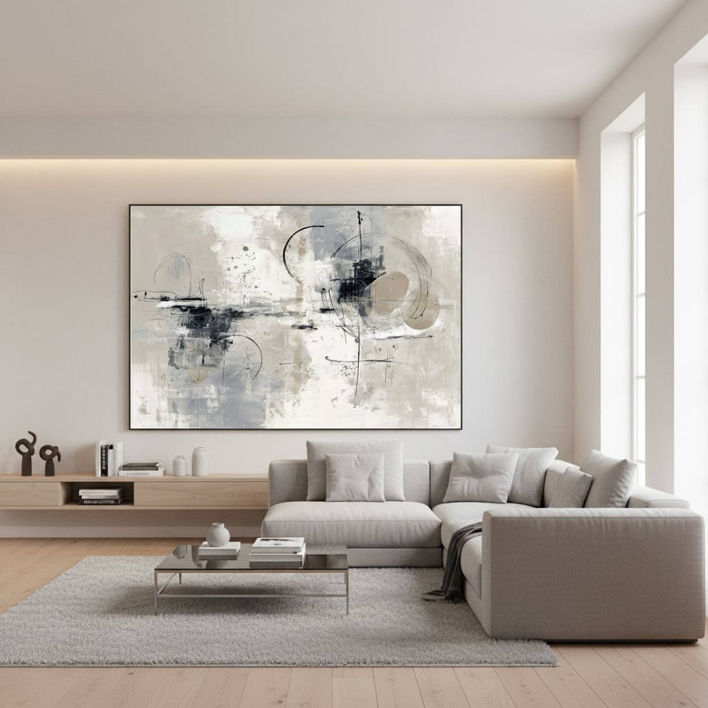 Modern living room with a large abstract painting on the wall, a gray sectional sofa, and a coffee table.