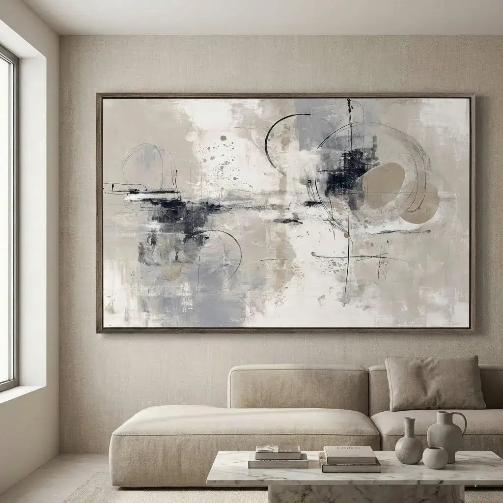 Abstract art piece on a wall in a modern living room