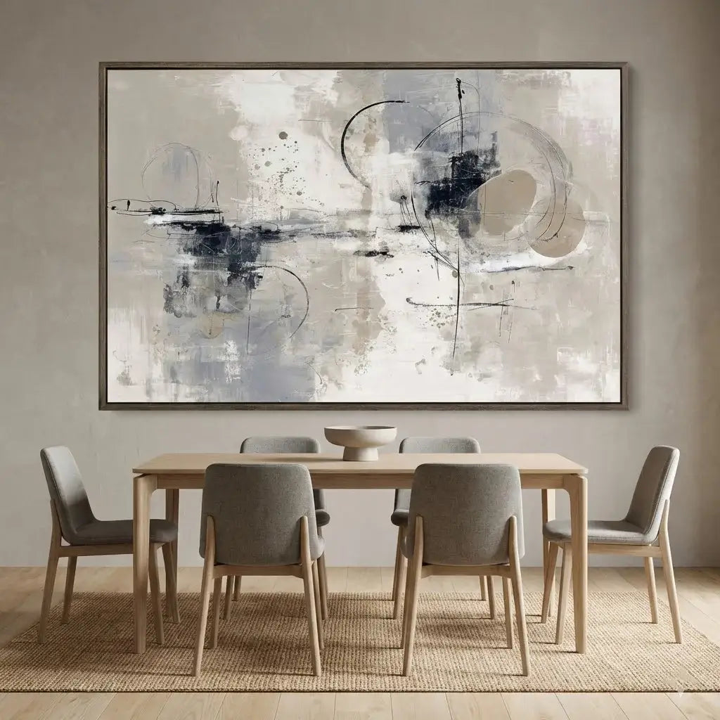 Dining room with a wooden table and chairs, and an abstract painting on the wall.
