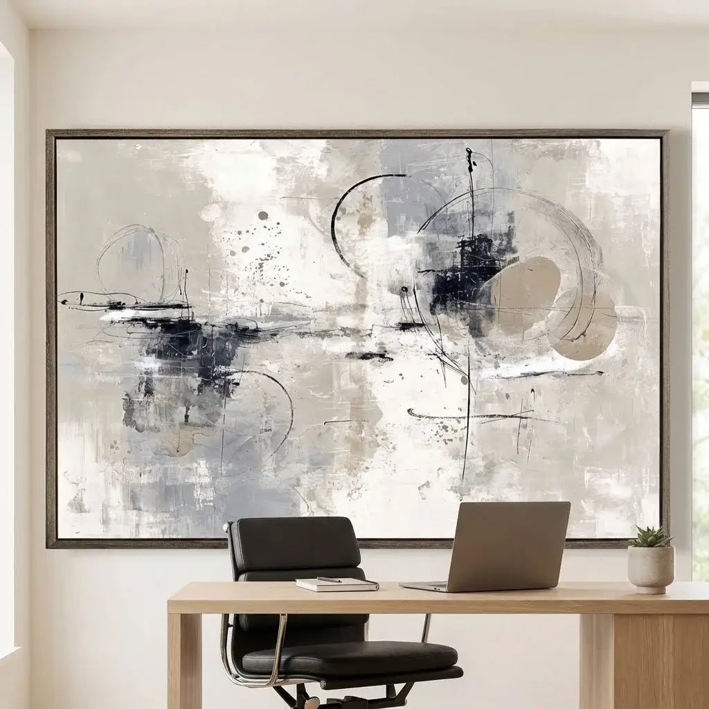 Abstract art painting in a modern office setting with a desk and chair.