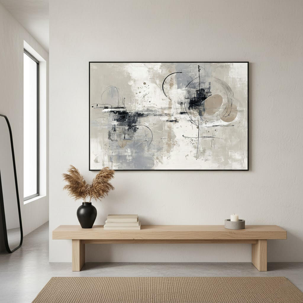 Abstract art piece on a wall above a wooden bench in a modern interior setting.