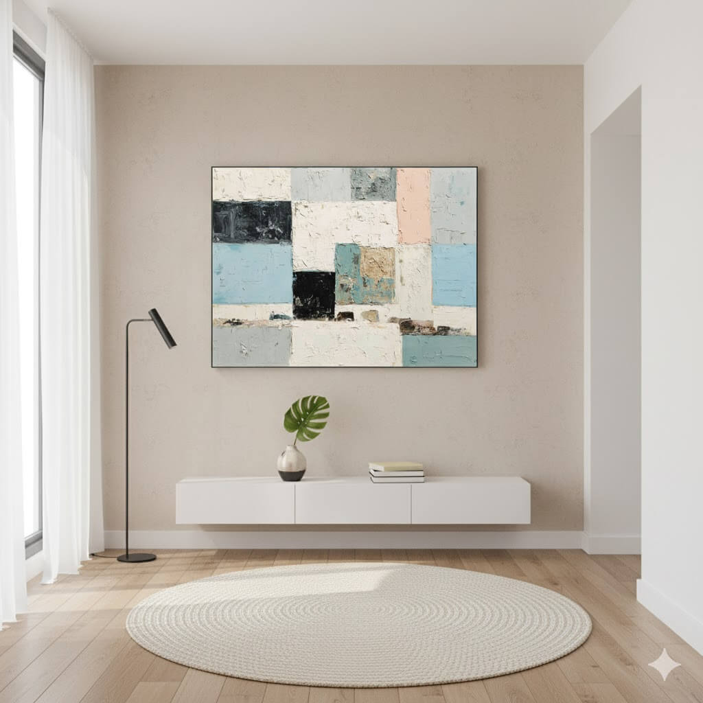 Modern interior with abstract wall art, white console table, and round rug.