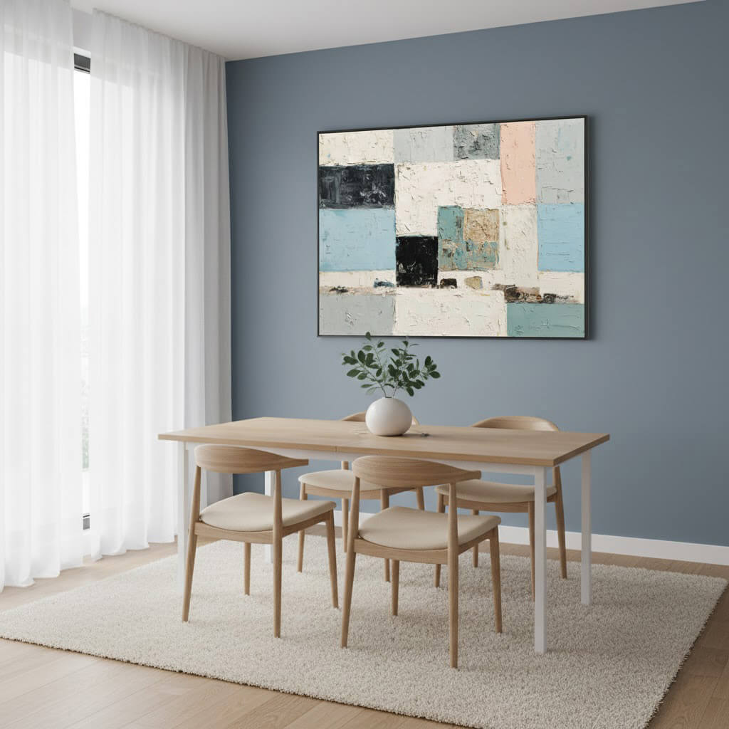 Dining room with wooden table and chairs against a gray wall with a colorful abstract painting.