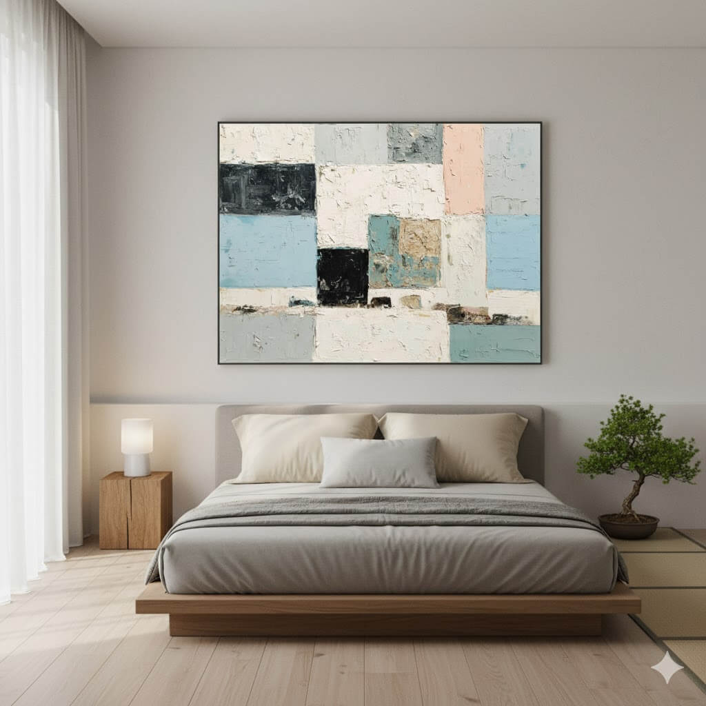 Modern bedroom with a bed, abstract painting, and small plant.