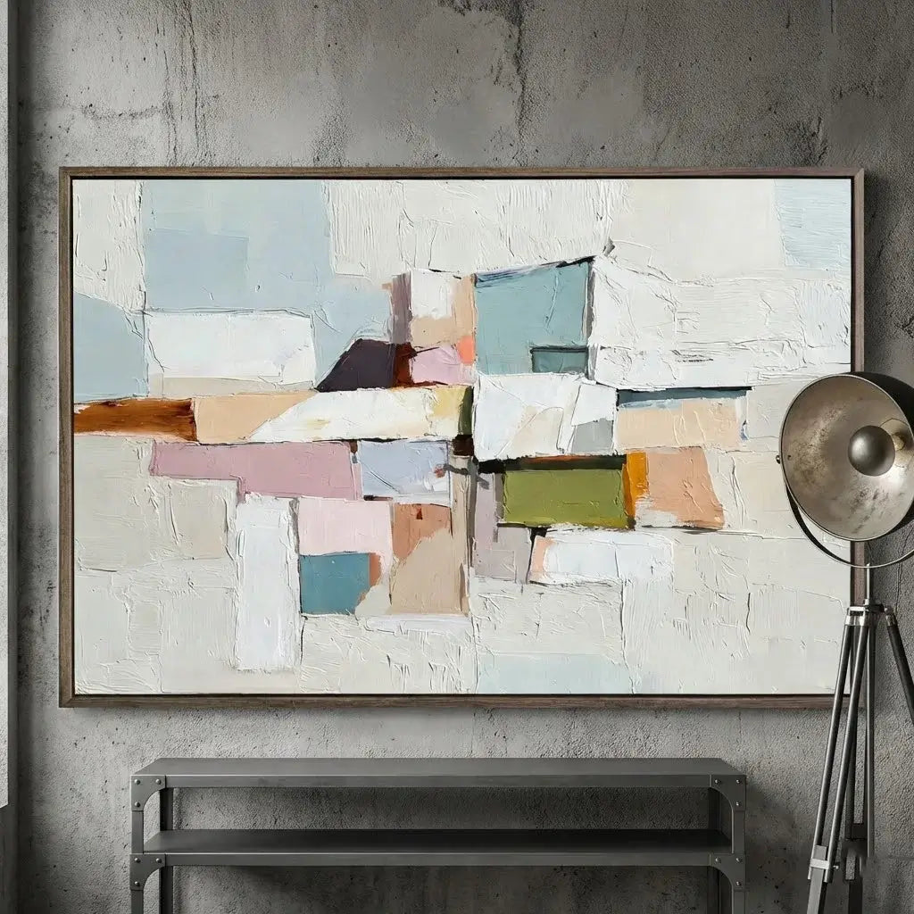 Abstract art piece with geometric shapes on a textured wall.