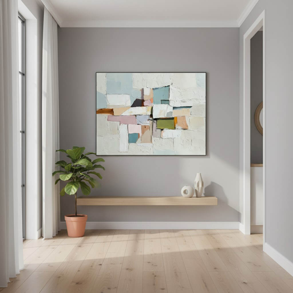 Modern interior with abstract painting on a gray wall, plant, and decorative items.