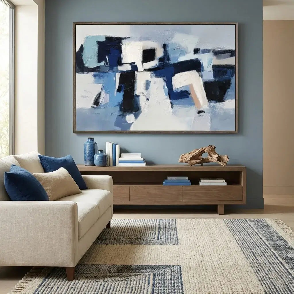 Living room with a beige sofa, abstract painting, and wooden cabinet.