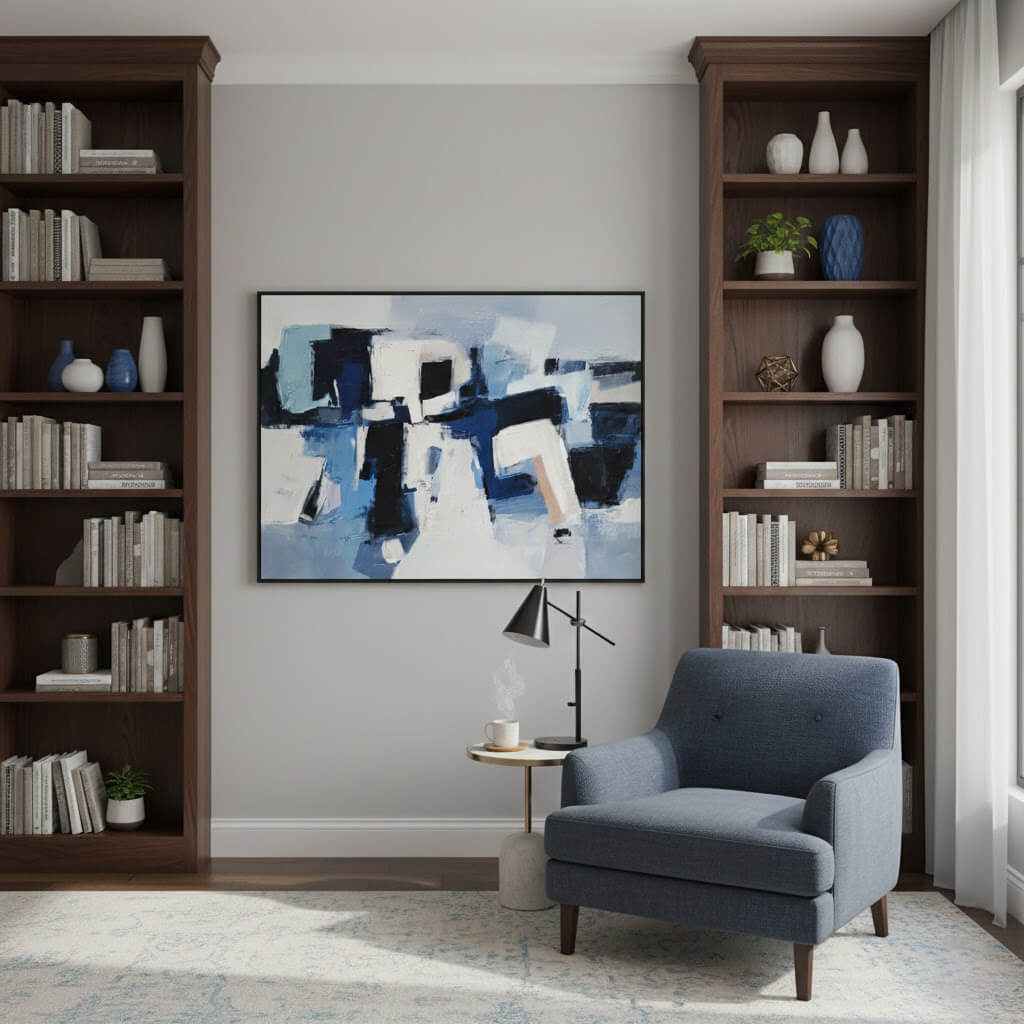 Modern living room with a gray armchair, bookshelves, and abstract art on the wall.