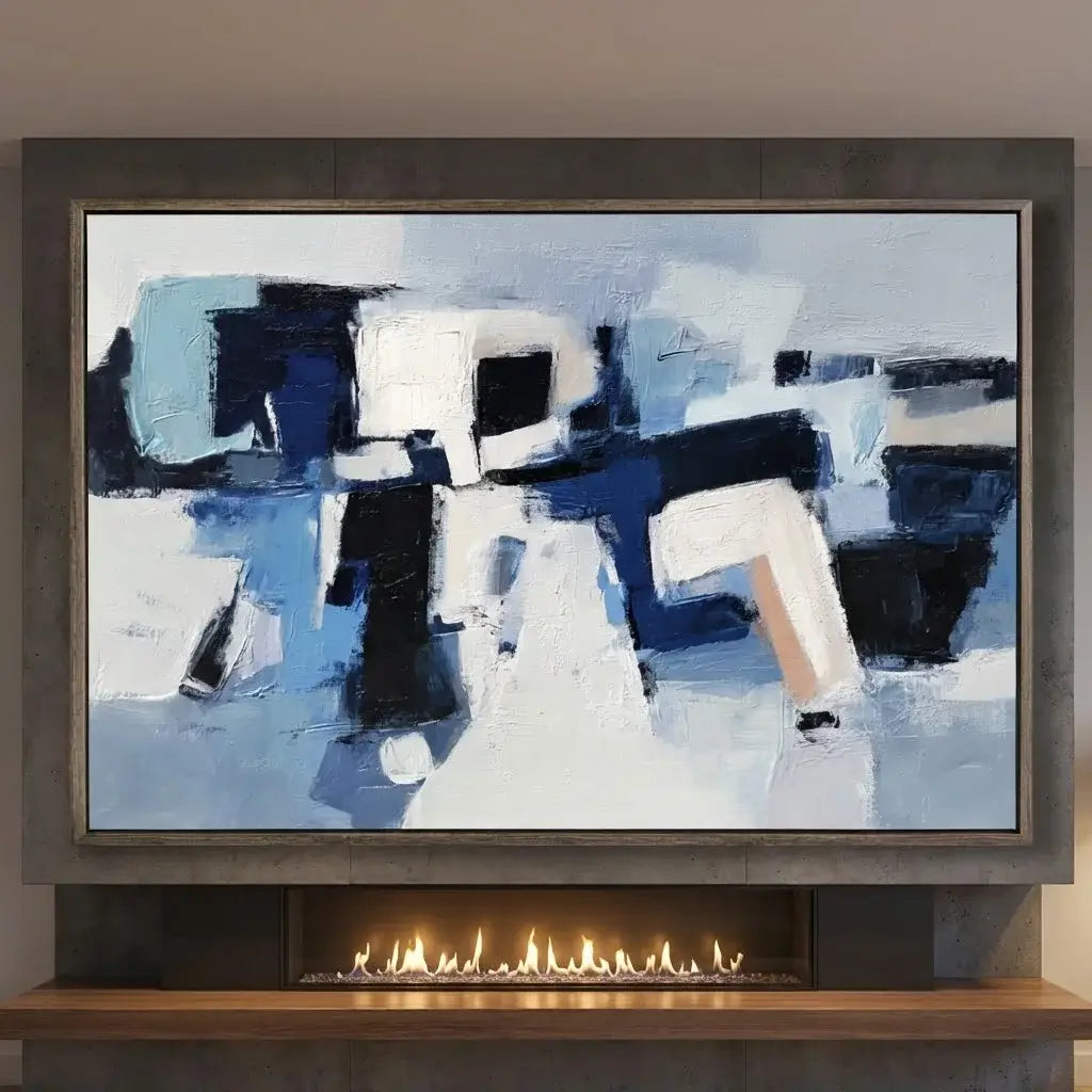 Abstract painting in a wooden frame above a fireplace