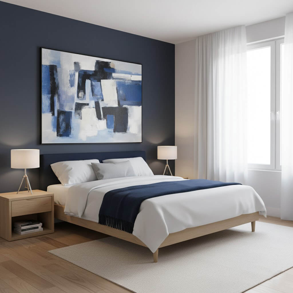 Modern bedroom with a bed, nightstands, and abstract art on the wall.
