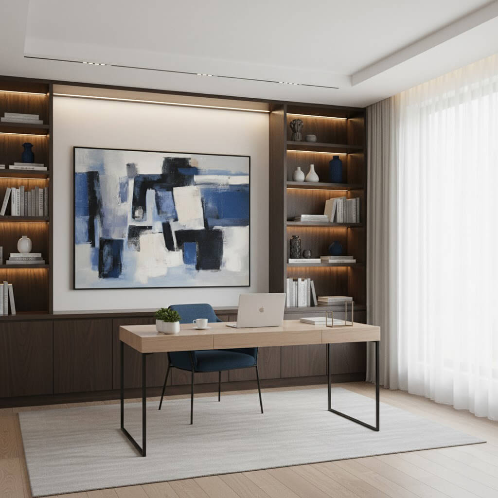 Modern home office with a desk, chair, and abstract painting on the wall.