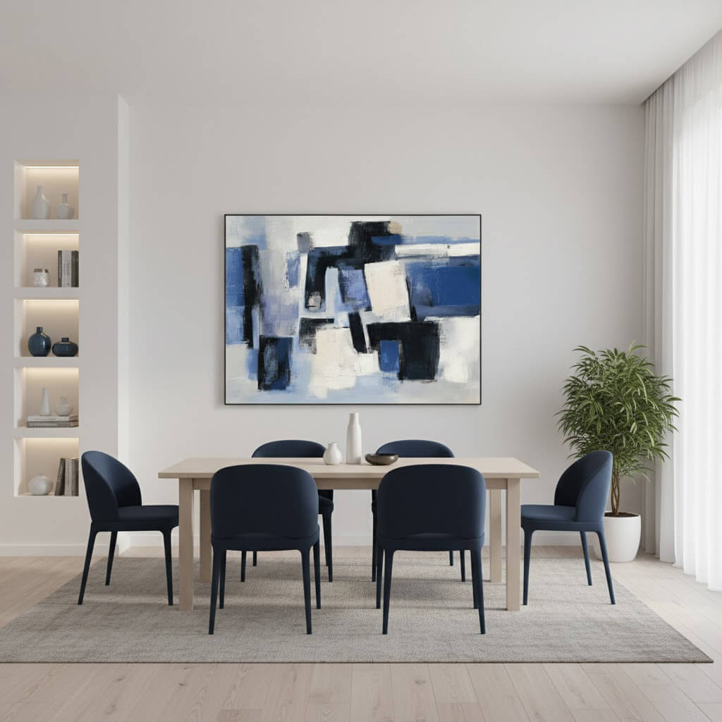 Modern dining room with abstract art on the wall, table, and chairs.