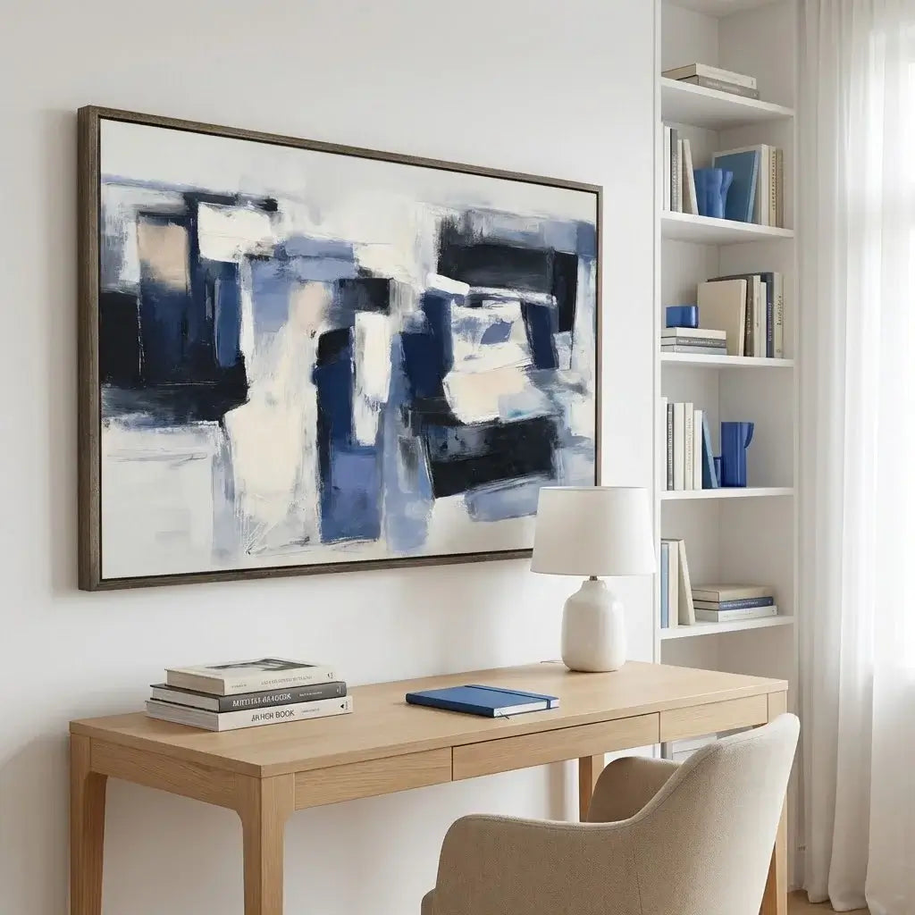 Modern home office with a desk, chair, abstract painting, and bookshelf.