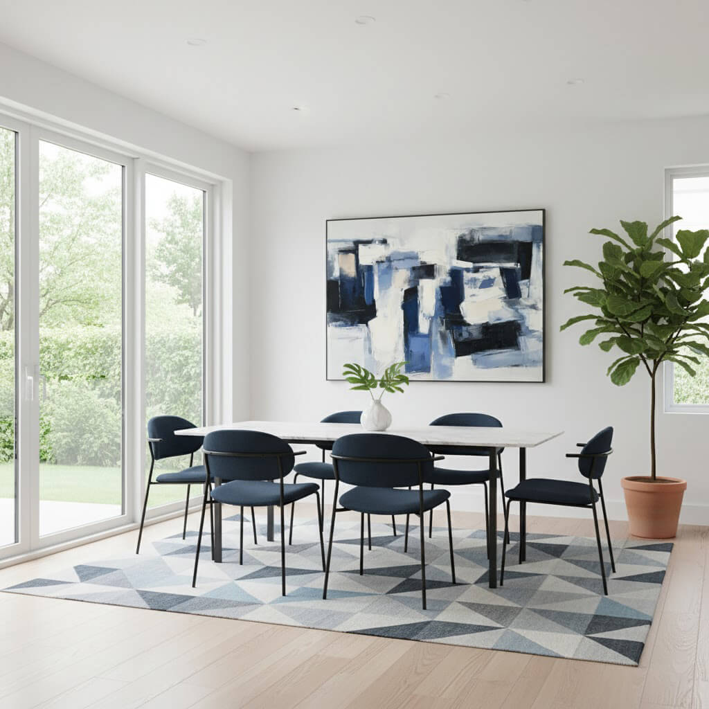 Modern dining room with a white table, black chairs, abstract art, and a plant.